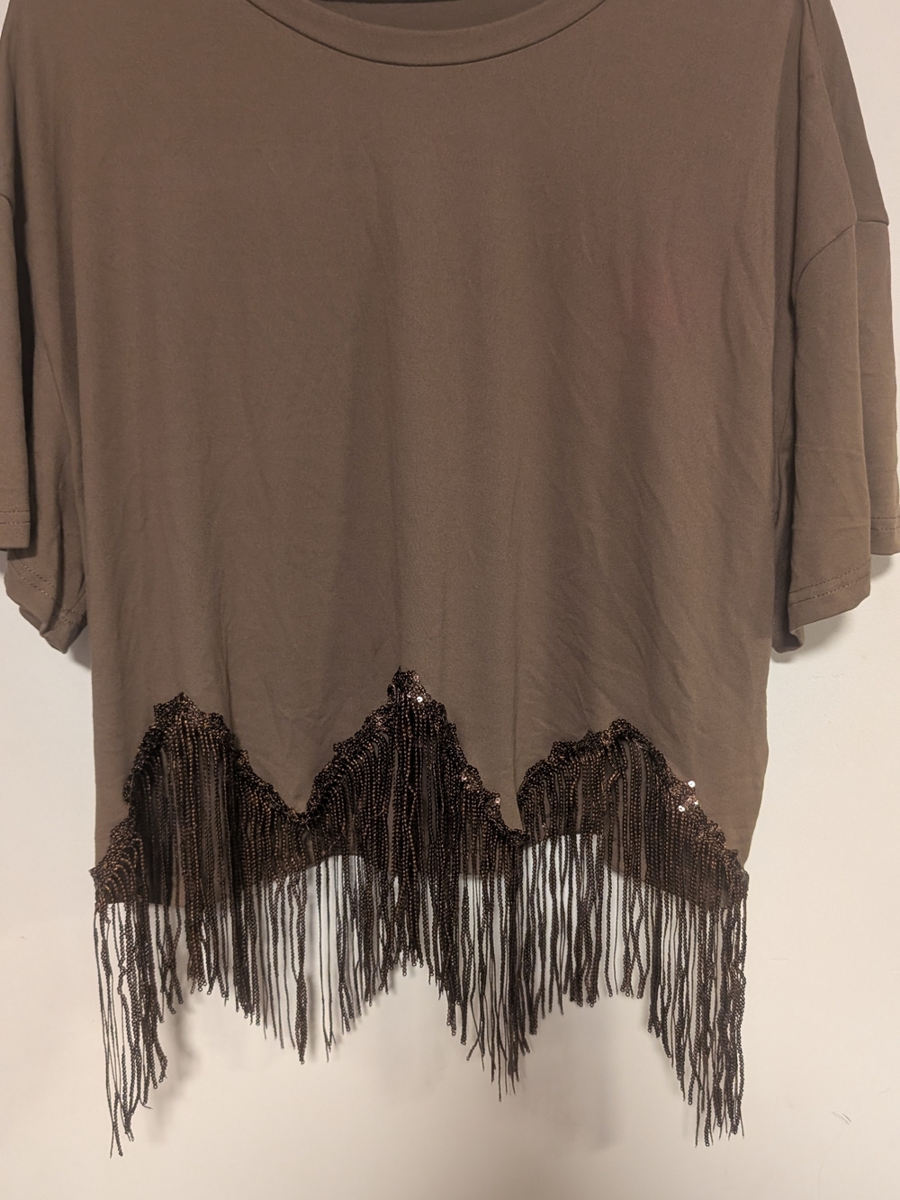 Women's Brown Fringe Sequin Hem Tee
